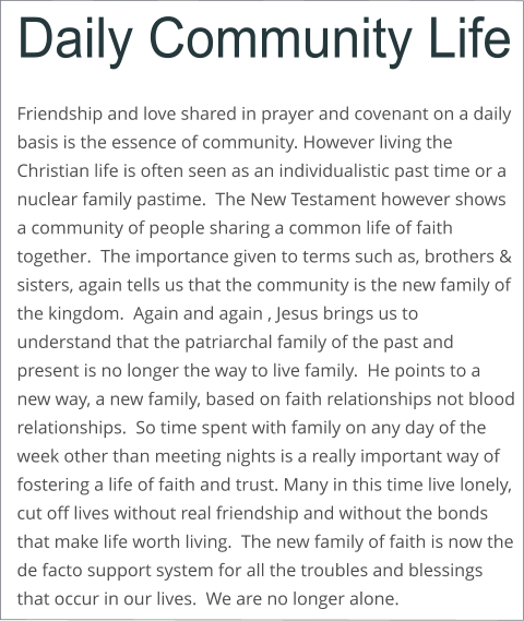 Daily Community Life  Friendship and love shared in prayer and covenant on a daily basis is the essence of community. However living the Christian life is often seen as an individualistic past time or a nuclear family pastime.  The New Testament however shows a community of people sharing a common life of faith together.  The importance given to terms such as, brothers & sisters, again tells us that the community is the new family of the kingdom.  Again and again , Jesus brings us to understand that the patriarchal family of the past and present is no longer the way to live family.  He points to a new way, a new family, based on faith relationships not blood relationships.  So time spent with family on any day of the week other than meeting nights is a really important way of fostering a life of faith and trust. Many in this time live lonely, cut off lives without real friendship and without the bonds that make life worth living.  The new family of faith is now the de facto support system for all the troubles and blessings that occur in our lives.  We are no longer alone.